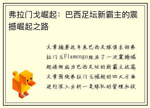 弗拉门戈崛起：巴西足坛新霸主的震撼崛起之路