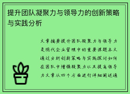 提升团队凝聚力与领导力的创新策略与实践分析